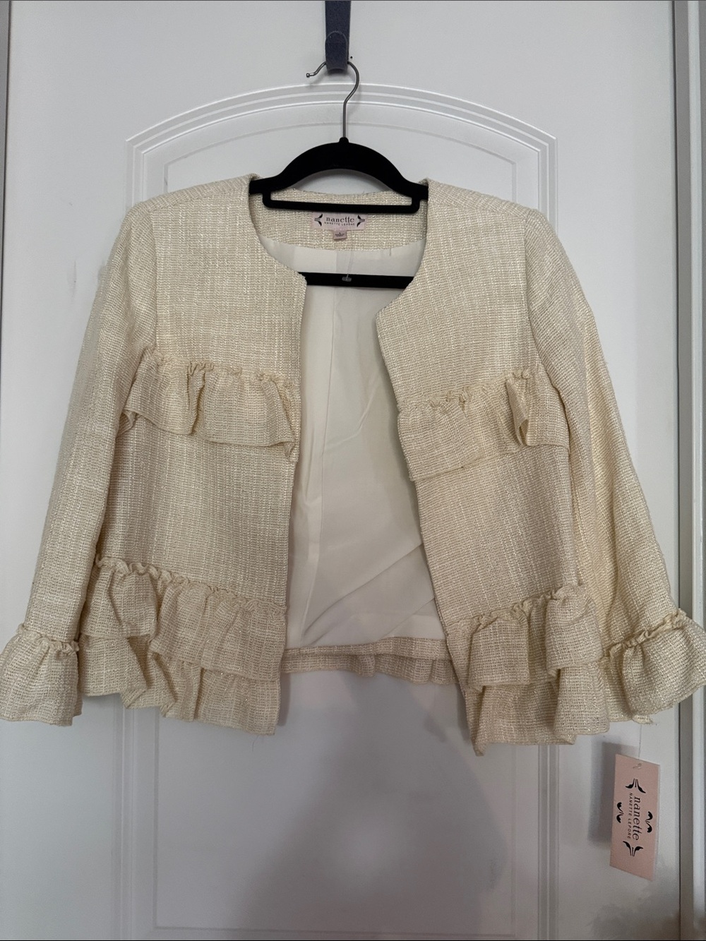 Nanette Lepore Cream Ruffle Tweed Open-Front Jacket